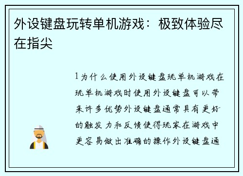 外设键盘玩转单机游戏：极致体验尽在指尖